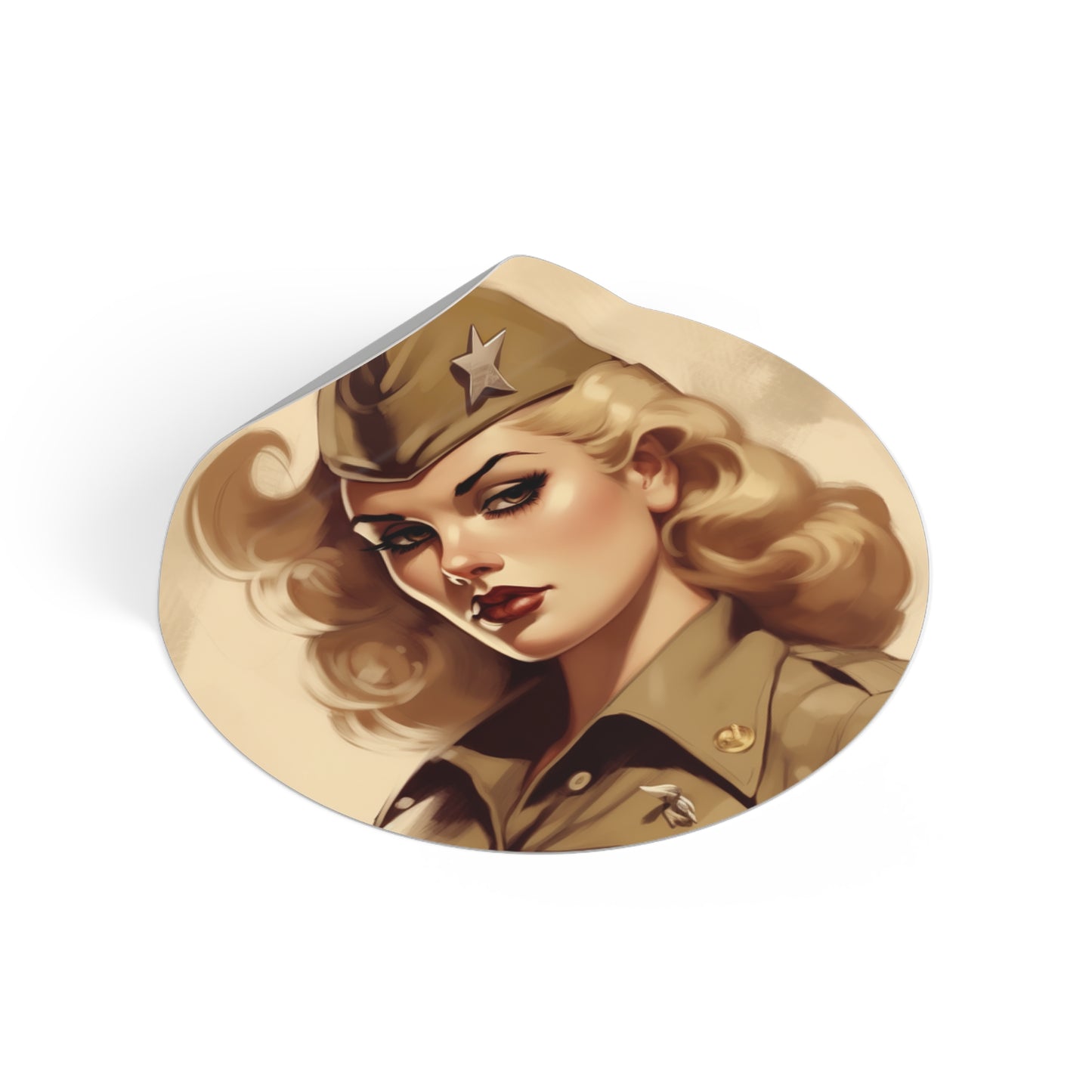 2" x 2" Round Vinyl Stickers. WW2 Pinup Girl Ruth. WW2. Pinups. Laptop Stickers. Water bottle. Car. Locker. Notebook. AI Art.