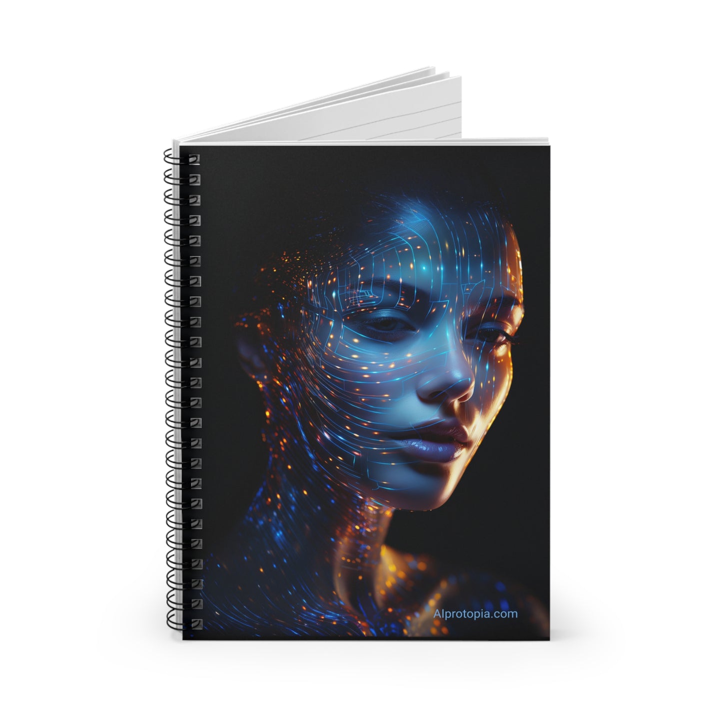 Spiral Notebook - Ruled Line. AIprotopia logo. AI Art. AI Notebook. AI Notepad.