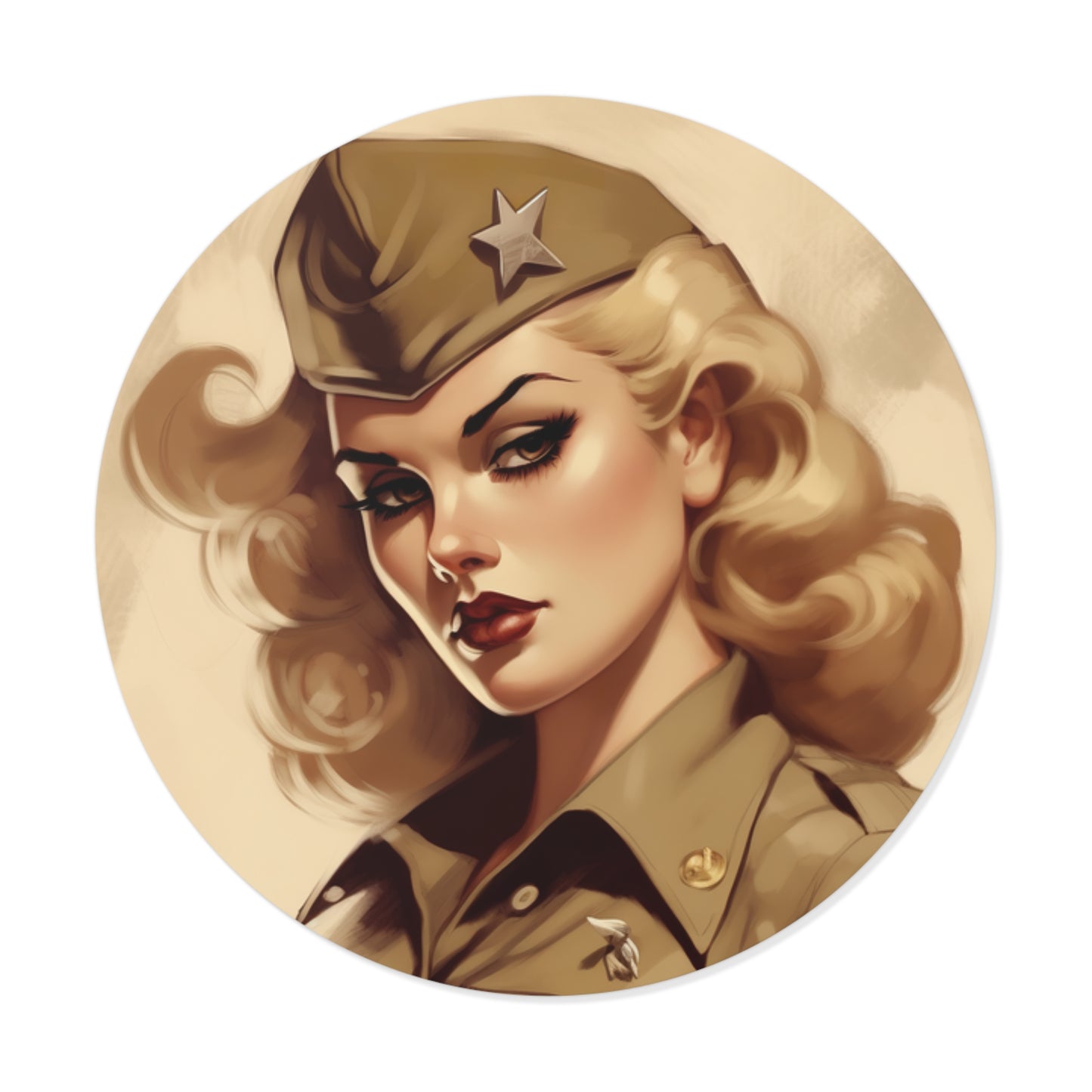 2" x 2" Round Vinyl Stickers. WW2 Pinup Girl Ruth. WW2. Pinups. Laptop Stickers. Water bottle. Car. Locker. Notebook. AI Art.
