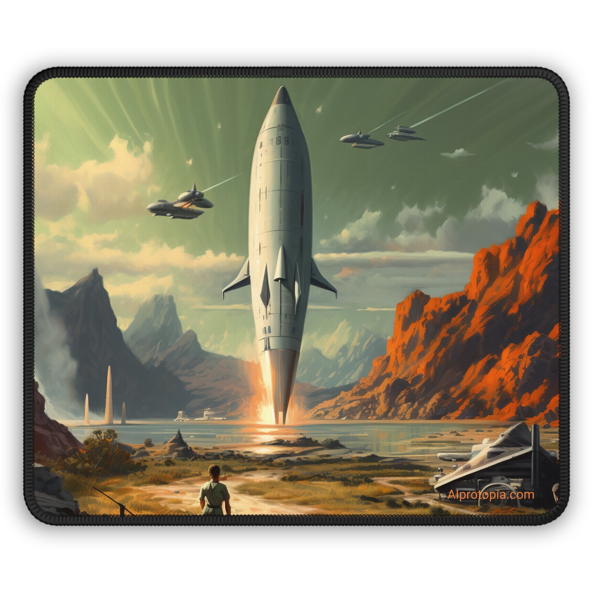 Gaming Mouse Pad. 1950's Pulp Sci-Fi Rocketship. – AIprotopia