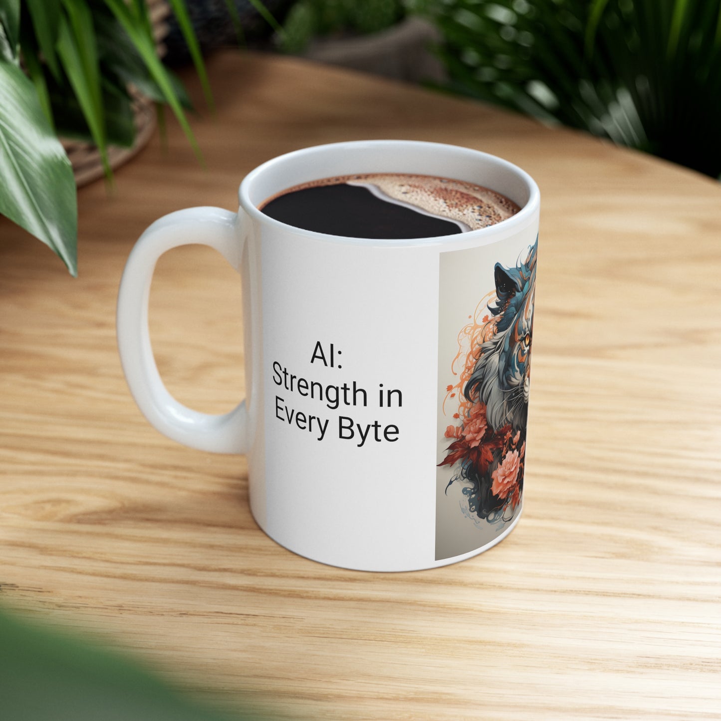 Ceramic Mug 11oz. AI: Strength in Every Byte. AI Mug. Coffee Mugs. Tiger. AI Art.