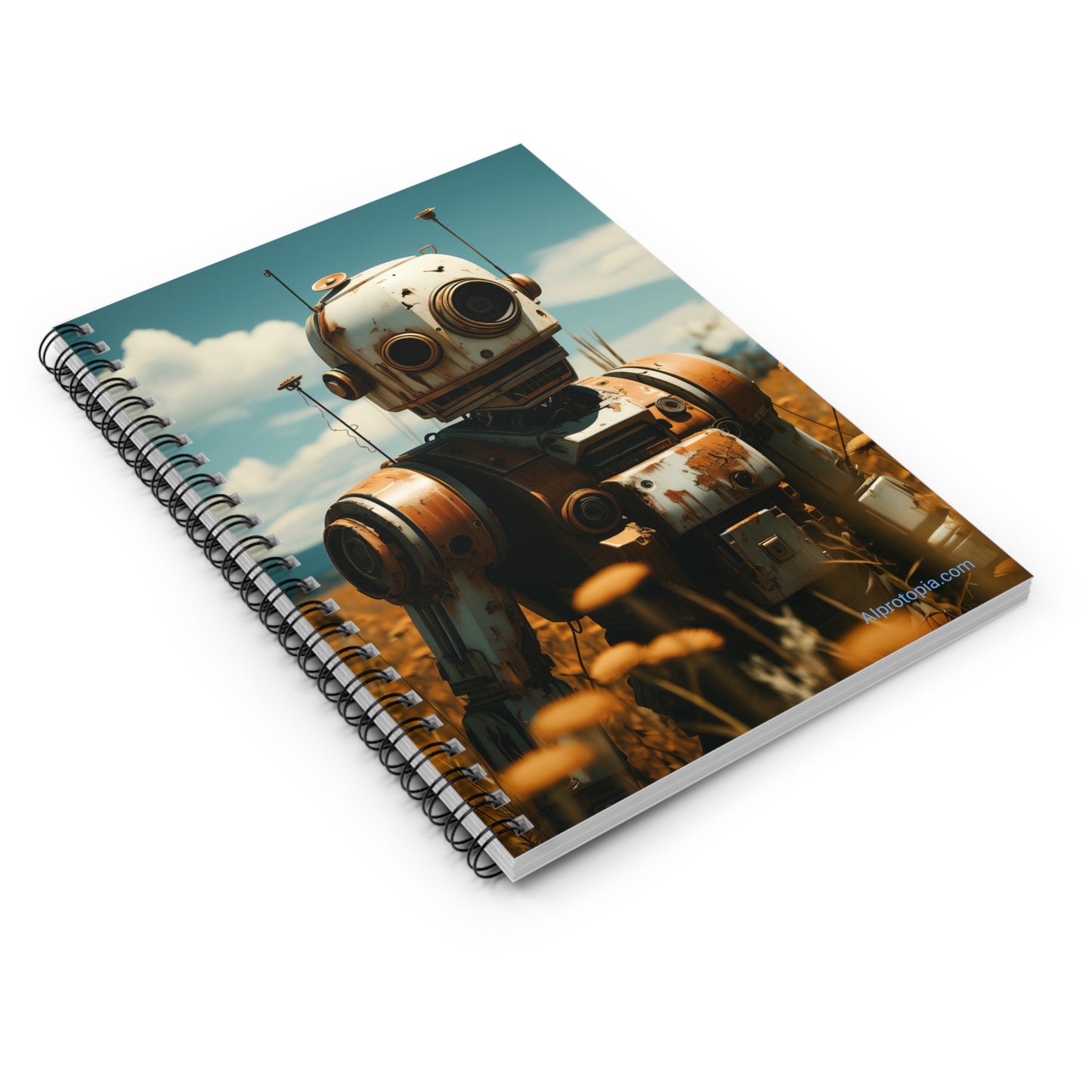 Rusty Bot in Field Spiral Notebook - Ruled Line. Robot. AI Art. AI Notebook. AI Notepad. Sci-Fi