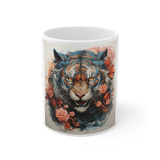 Ceramic Mug 11oz. AI: Strength in Every Byte. AI Mug. Coffee Mugs. Tiger. AI Art.